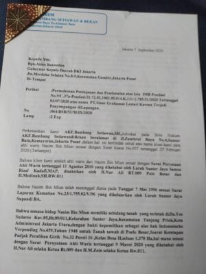 Tanah dan Bangunan PT SGL Bermasalah, Ahli Waris Minta Gubernur Anies Baswedan Cabut IMB Pondasi 2 Tanah dan Bangunan PT SGL Bermasalah, Ahli Waris Minta Gubernur Anies Baswedan Cabut IMB Pondasi 2