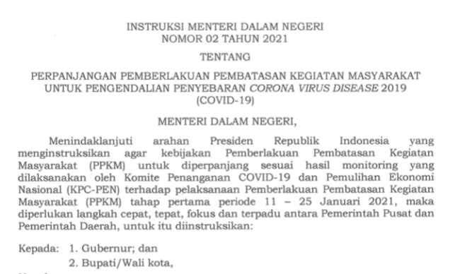 Mendagri Keluarkan Instruksi Perpanjangan PPKM 1