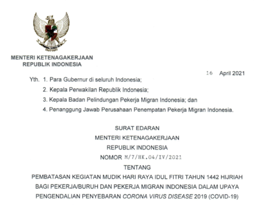 Menaker Terbitkan Edaran Pembatasan Mudik Bagi Pekerja dan PMI 1